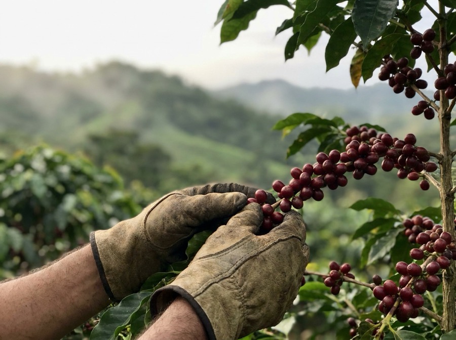Manos cosechando cerezas de café maduras
